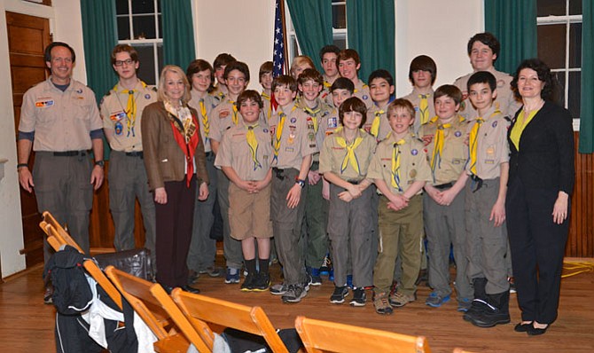 Members of Great Falls Boy Scouts Troop 673 were invited to attend the meeting. The scouts need to interact with an elected official in order to advance in their scout ranks. They pose here with their Troop Master, Glenn Prickett on the far right, and Del. Murphy, left front and state Sen. Barbara Favola, far right front.