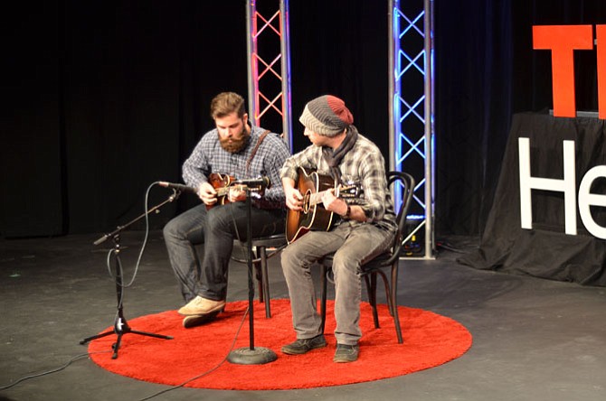 Connor Edsall accompanied by Christopher Hunt played music at the TEDx event held at NextStop Theatre on Saturday, March 14. Many in the audience agreed the presentations at the event were inspirational, bold and vulnerable. The event was organized by Joseph Plummer.
