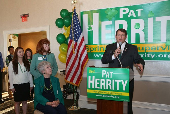 Supervisor Pat Herrity (R-Springfield) announces his campaign for re-election, joined (from left) by his daughter Valeria, wife Nancy and mother Justine.