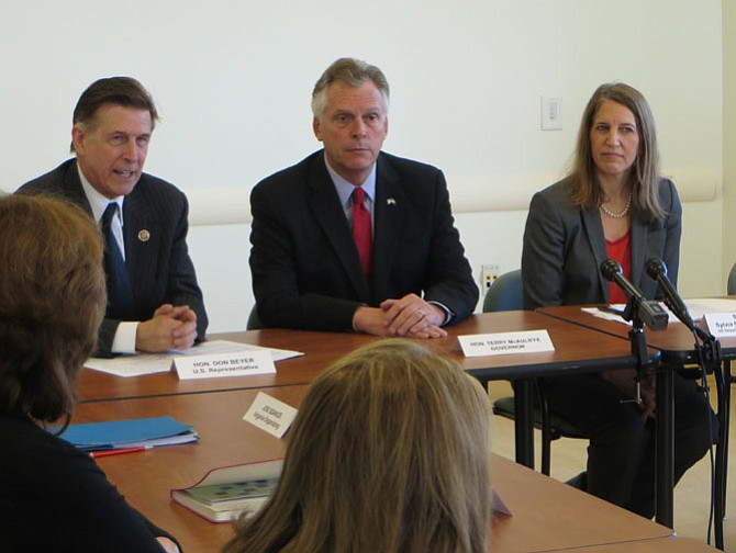 U.S. Rep. Don Beyer (left), Gov. Terry McAuliffe (center), and U.S. Secretary of Health and Human Services Sylvia Burwell (right) at a panel on the status of the Affordable Care Act.