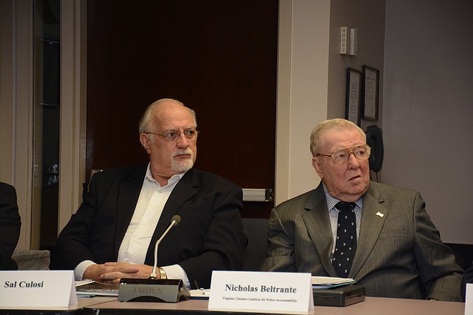 Commission members Sal Culosi (left), father of Dr Salvatore “Sal” Culosi Jr., who was killed by a Fairfax County Police officer, and Nicholas Beltrante (right), executive director of the Virginia Citizens Coalition for Police Accountability attend the first meeting of the Fairfax County Ad Hoc Police Practices Review Commission.
