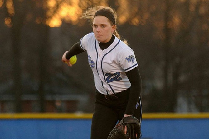 West Potomac senior Jayne Orleans re-entered and pitched the Wolverines out of trouble during their season opener on March 18.