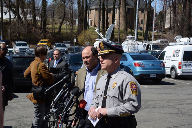 Fairfax County Chief of Police Edwin Roessler speaks to the media at a midday press conference held in front of the George Mason Regional Library.
