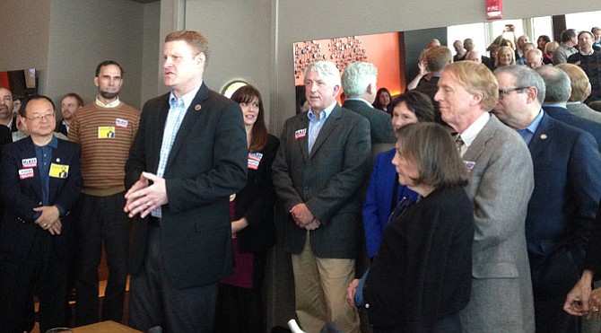 Supervisor Jeff McKay (D-Lee), left, announced his bid for re-election at Walker’s Grille in Alexandria.