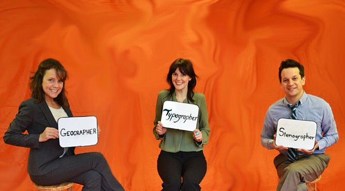 From left -- Jenna Sokolowski as Annalise the Geographer, Katie Nigsch as Margaret the Typographer and Daniel Corey as Dave the Stenographer.