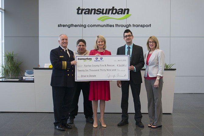 From left: Richard Bowers, Fairfax County Fire and Rescue Department Chief; Jeffrey Katz, Fairfax County Fire and Rescue Department; Jennifer Aument, Transurban Group General Manager North America; Mike Wendt, Fairfax County Volunteer Fire and Rescue Association President and Dana Powers, Fairfax County Fire and Rescue Department.