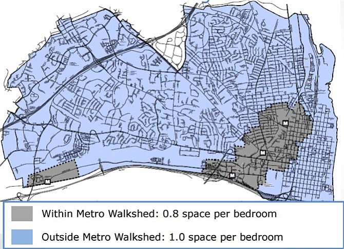 The map of the proposed text amendment’s metro-centered parking standards.