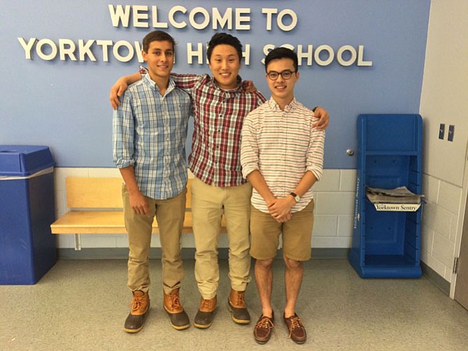 Yorktown High School Coding Club students (from left) Brandon Peck, Ji Lee, and Evan Cater are traveling to San Francisco on April 21-25 to compete in the Microsoft U.S. Imagine Cup 2015 Finals.