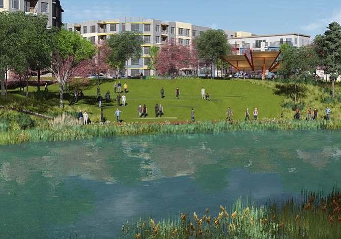 Artist’s rendition showing the view across the pond to the amenity area.