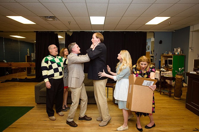 Cast of Reston Community Players' production of “The Fox on the Fairway.” From left: David Segal, Dina Soltan, Zell Murphy, Bradley Dressler, Stephanie Walsh, and Kelly Thompson. 
