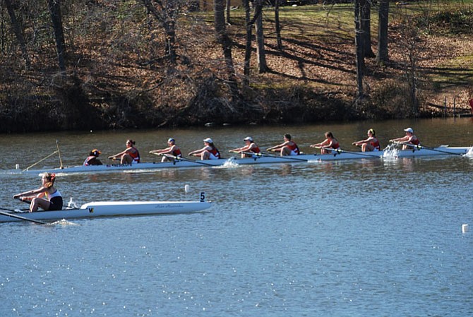 The T.C. Williams girls’ first 8 sprints down the course, capturing first place and retaining the Ward Wallace Cup, a trophy for the annual race between T.C. Williams and St. Andrew’s. Members include Brooke Teferra (coxswain), Maria Justiano, Claire Embrey, Katie Murphy, Reed Kenney, Amelia Bender, Maura Nakahata, Maeve Bradley and Kyra McClary.
