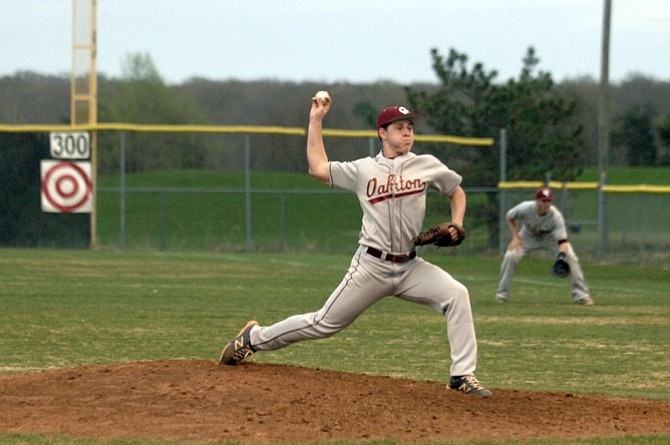 Oakton senior Connor Jones pitched a complete game against Centreville on April 16, helping the Cougars win 8-­2.