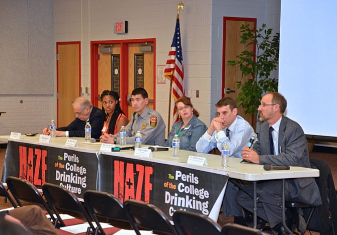 From left: Jeff Levy, president of Virginia College Parents; Tylia Turner, sophomore George Mason University; Sgt. Daniel Pang, Fairfax County Police Department and supervisor Community Resources Division; Mary Ann Sprouse, director, George Mason Wellness, Alcohol and Violence Education and Services; Casey Lingen, chief deputy, Commonwealth’s Attorney for Fairfax County; and Dr. William Hauda, M.D. emergency physician, medical director Forensic Assessment Consultation Team, Inova Fairfax Hospital constituted the panel who offered remarks and took questions from the audience.