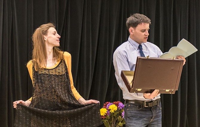 Caity Brown (Corie) and Will MacLeod (Paul) in their apartment on the first night in rehearsal for the McLean Community Players production of  “Barefoot.”