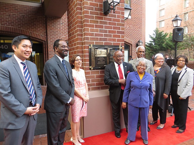 From left: Anthony Chang, senior director of Asset Management for Washington REIT; Alvin Crawley, superintendent of schools; Karen Graf, chair of the Alexandria City School Board; William Euille, mayor of Alexandria; Lovell Lee, former president of the Parker-Gray High School Alumni Association; Alice Thompson, president of the Parker-Gray High School Alumni Association; Aubrey Davis, director of the Black History Museum; and Brenda LaVere Elliott, chair of the 1964 Parker-Gray Reunion.