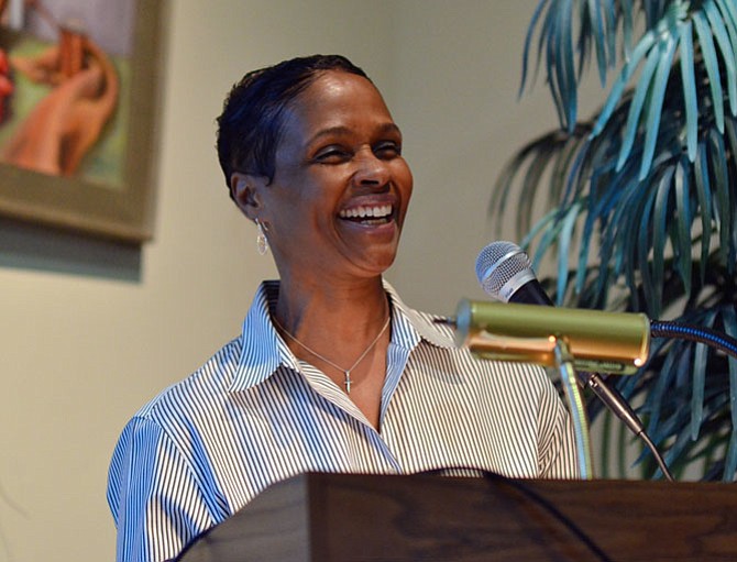 Great Falls Writer's Group Founder Kristin Clark Taylor greets guests at the first Great Falls Book Festival on May 2.
