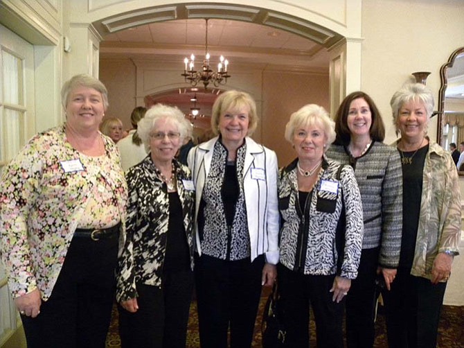 From left, Karen Magley and Pat Kuehnel, of Great Falls, Linda Maguire, of Vienna, Barbara Gwizdz, Anne McVey, of Great Falls and Jackie Culhane, of Potomac Falls, attend the Great Falls Friends and Neighbors’ Poetry Luncheon at River Bend Golf and Country Club in Great Falls on Wednesday, April 29.