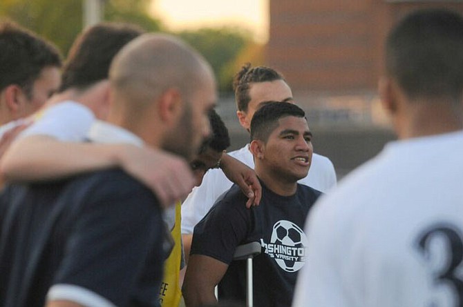 Washington-­Lee junior Maycol Nunez watched from the bench as the Generals beat Mount Vernon 6-­1. Nunez suffered a season-­ending leg injury on April 30.