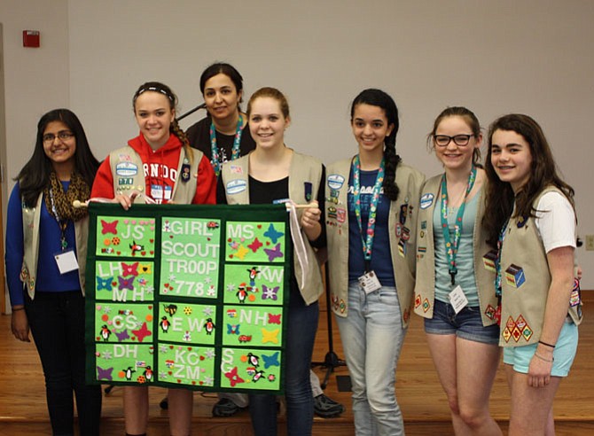 From left: Zyannah Mallick, Sophia Guagliano, Troop Leader Emann Hamad, Julia Salassi, Dana Hamad, Lizzie Holt, and Erica Weiss. (Not pictured, Caroline Sweeney.)