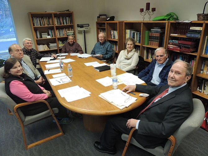 Aldersgate Methodist Church Endowment Committee, seated around table from left: Suzanne Dalch, Joe Tompkins, John Martin, Gary Bradshaw, Win Lindley, Mary Ann Robertson, Lew Ashley, and Roger Amole, chair.
