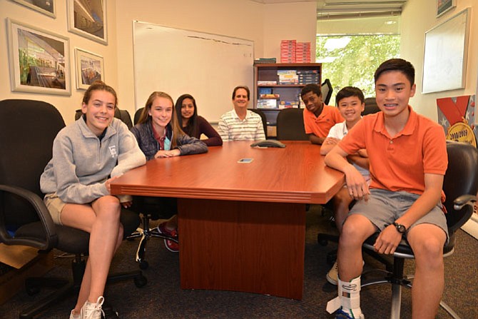 From left -- Bryce Nabulsi, Anika Schipma, Ilina Gobburu, coach Marwan Nabulsi, Chris Huynh, Maxwell Jones and Chris Nguyen took time out of their busy schedules and their preparations to talk about their experiences as the Nysmith School’s “Know Brainer” Team, readying for the “Odyssey of the Mind” World title. The team will compete against teams from all over the U.S. as well as 25 other countries.
