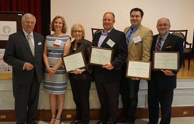 Business Philanthropy Summit co-chair Val Hawkins, left, is joined by the 2015 honorees following the May 6 awards breakfast at First Baptist Church. With Hawkins are Volunteer Alexandria executive director Marion Brunken, Kitty Porterfield (Board Leader of the Year), Carney Inc. representative Allen Price (Large Business Philanthropist of the Year), Del Ray Business Association president Bill Blackburn (Small Business Philanthropist of the Year), and ACT for Alexandria president John Porter (Nonprofit Leader of the Year).
