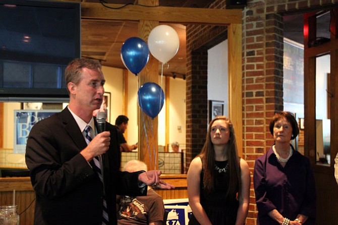 From left, Del. David Bulova (D-37) is joined at his re-election campaign announcement by his daughter Josette and mother, Fairfax County Board of Supervisors Chairman Sharon Bulova.