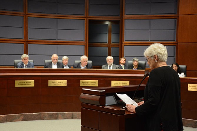 Mary Tracy of the Mount Vernon area of Alexandria speaks at the Fairfax County Ad Hoc Police Practices Review Commission on May 18. She recommended body cameras for officers, prohibiting arrest quotas, ensuring citizen complaints are heard and a citizen oversight body.