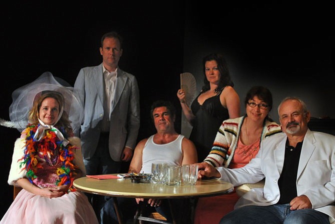 The Cast of the Providence Players production of “The Glass Mendacity” -- From left, Elizabeth Keith, Ian Wade, Michael Donahue, Julie Janson, Beth Whitehead, Craig Geoffrion
