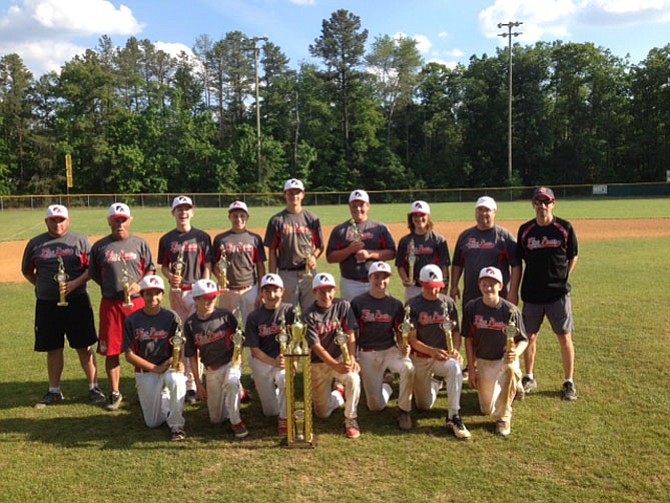 The 14U Fire Ants baseball team traveled to the Richmond area and won the AA Virginia State Championships, held May 23-24. Pictured are: (back row, standing, from left) assistant coach Tommy Russell, head coach Joe Carter, Liam Fish, Archer Rutledge, Dane Camphausen, Tristan Nelson, Zavyor Zenk, Assistant Coach Jason Zenk, assistant coach Doug Kantor (front row, kneeling, from left), Jacob Kaufman, Frank Lavoie, Justin Packs, Will Philpott, Ben Piper, Zach Hamilton, Jackson Kantor.