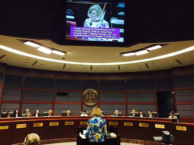 Joyce Harris, of McLean, testifies before the Board of Supervisors on the mandated rewrite of the county’s noise ordinance.
