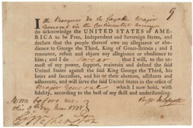 Lafayette’s oath signed at Valley Forge