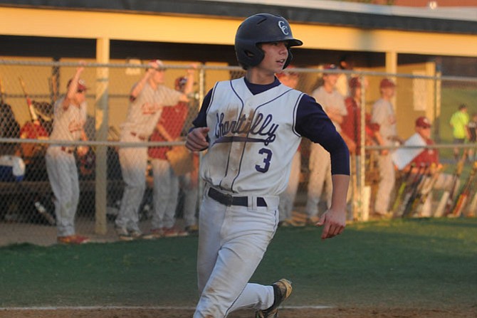 Brett Norwood, seen during the Conference 5 championship game on May 22, and the Chantilly baseball team beat South County 7-5 on Monday in the 6A North region quarterfinals at Chantilly High School. The Chargers are scheduled to face the winner of West Springfield and Centreville on Wednesday, June 3in the region semifinals. Photo by Louise Krafft/The Connection