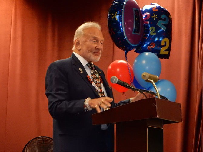 Dr. Buzz Aldrin speaking at Aldrin Elementary.