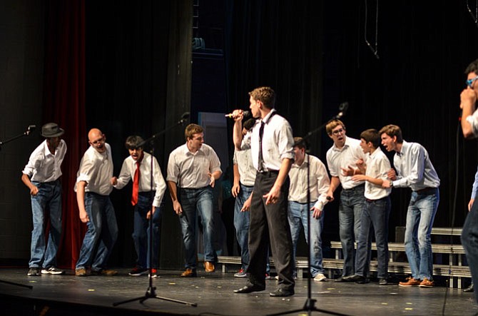 The Herndon High all-male a cappella performance group The Bennett Street Boys sang “Uptown Funk” at the Pops Concert on Thursday.