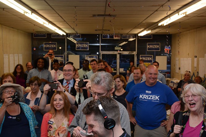 Campaign staff and supporters gathered in a former clothing store along Route 1 in Mount Vernon to cheer on Dan Storck and Paul Krizek as primary results came in.