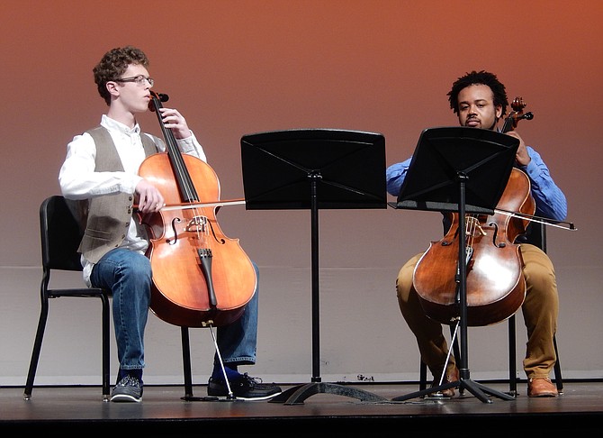 From left: Misha Barth and Kevin Phillip Jones perform a “Baroque Cello Duet.”
