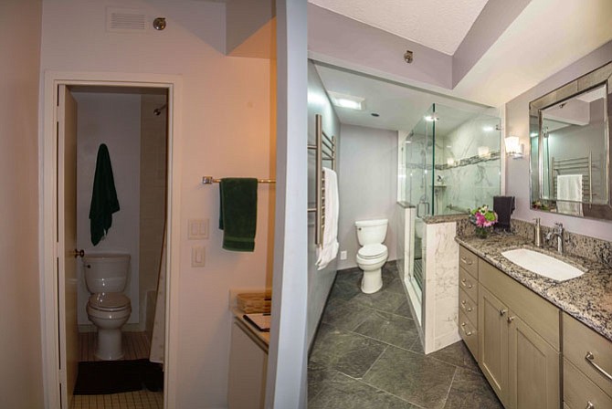 Recognizing that inches count in a tight footprint that can’t be expanded, Sarah Wolf at Foster Remodeling Solutions gained just two inches of floor space by removing a wall between the vanity and the tub (left); the half-wall and frameless glass space divider that now surrounds the newly installed walk-in shower (right) offers a new open look.