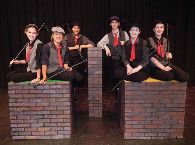 Playing chimney sweeps are (from left) Karin Hoelzl, Nora Winsler, Cammy Fischer, Connor Rudy, Morgan Perigard and Sarah Damers.