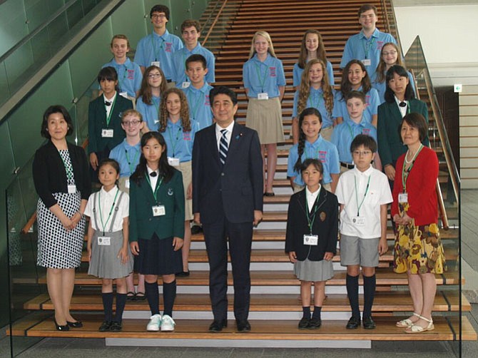 Japanese Prime Minister Shinzo Abe with Great Falls Elementary School students and teachers.
