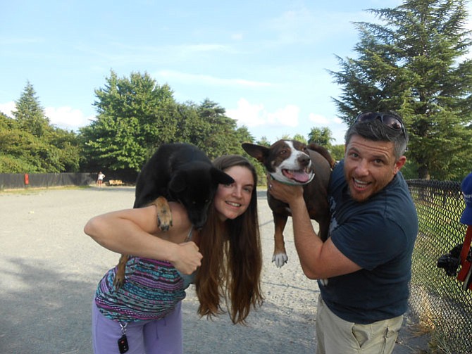 Raquel and Adam enjoy taking their rescued dogs Dia and Murphy out to the park as an opportunity to further connect with the community of dog lovers.
