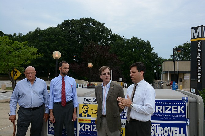 From left: Supervisor Gerry Hyland (D), candidate for Mount Vernon supervisor Dan Storck, candidate for 44th District delegate Paul Krizek and candidate for 36th District senate seat and Del. Scott Surovell (D-44) are in favor of speeding up the timeline to bring bus rapid transit and an extension of the Metro Yellow Line in the Route 1 corridor.