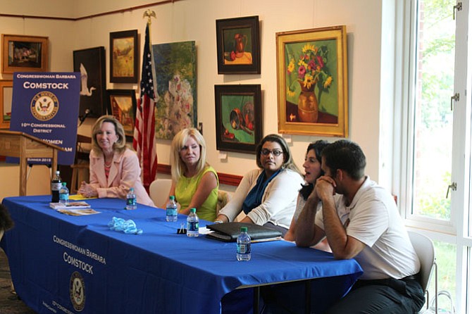 U.S. Rep. Barbara Comstock (R-10), Dr. Ludy Green, Deepa Patel, Beth Saunders, and Det. Bill Woolf spoke to Comstock’s Young Women Leadership Program at Great Falls Library on July 20 about human trafficking. 
