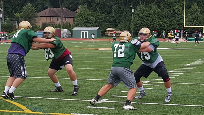 Rising senior tackle Ben Culmer (63) and rising junior guard Tyler Howerton (75) compose the right side of the Langley offensive line.