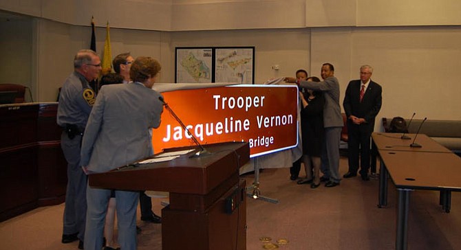 New sign for the Trooper Jacqueline Vernon Memorial Bridge unveiled.

