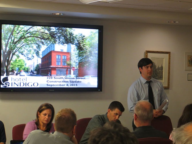 Austin Flajser addresses the Waterfront Commission and Old Town residents.