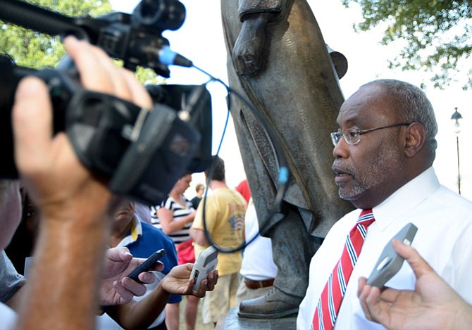 Mayor William Euille fields questions from the media after officially announcing his candidacy.
