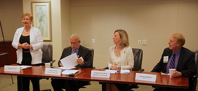 From left -- Moderator Ann Sullivan, MCCP board member, with elected officials and event panelists Rep. Gerry Connolly (D-11), Rep. Barbara Comstock (R-10), state Sen. George Barker (D-39).