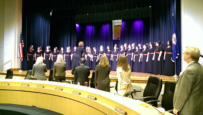 Members of the Select Women’s Ensemble of Annandale High School perform the National Anthem to open the Sept. 24 Fairfax County School Board meeting.