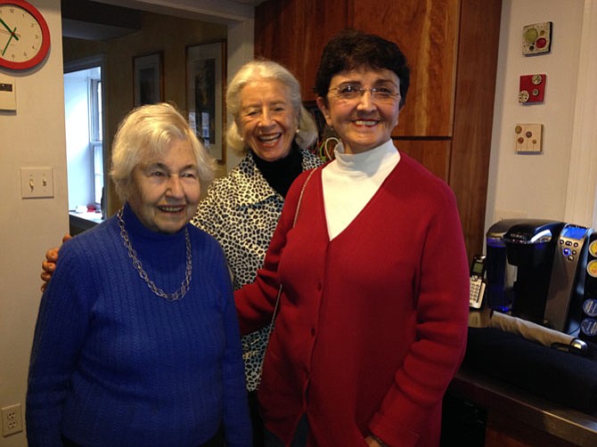 Left to right: Birgitte Guttstadt, Elizabeth Malcolm and Helen Desfosses of At Home in Alexandria (Virginia) enjoy coffee before Alexandria’s Scottish Christmas Walk parade.